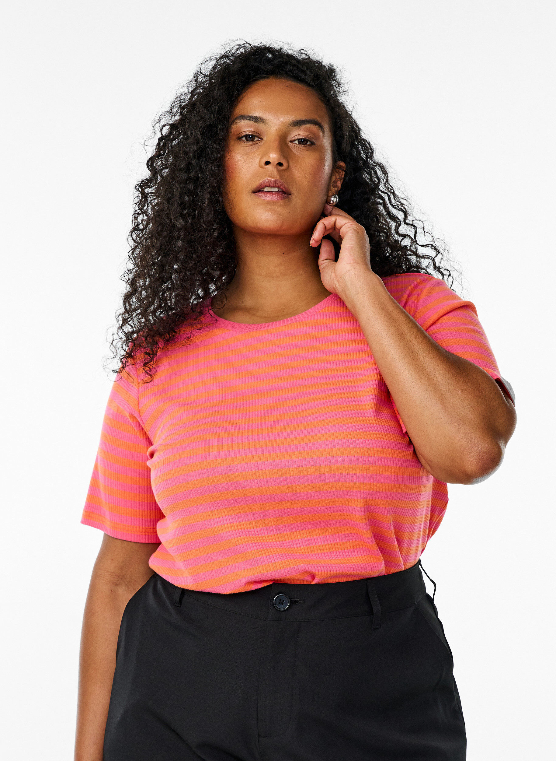 Zizzifashion Striped T-shirt with ribbed texture, Coral, Model image number 0