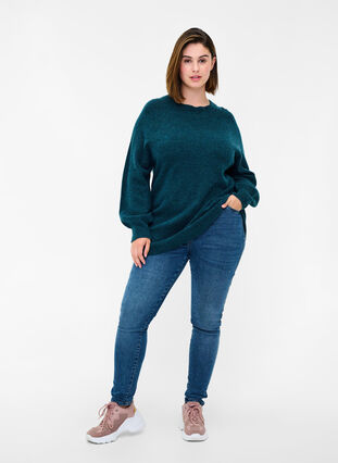 Knitted blouse with rib trim and round neckline, Reflecting Pond Mel., Model image number 2