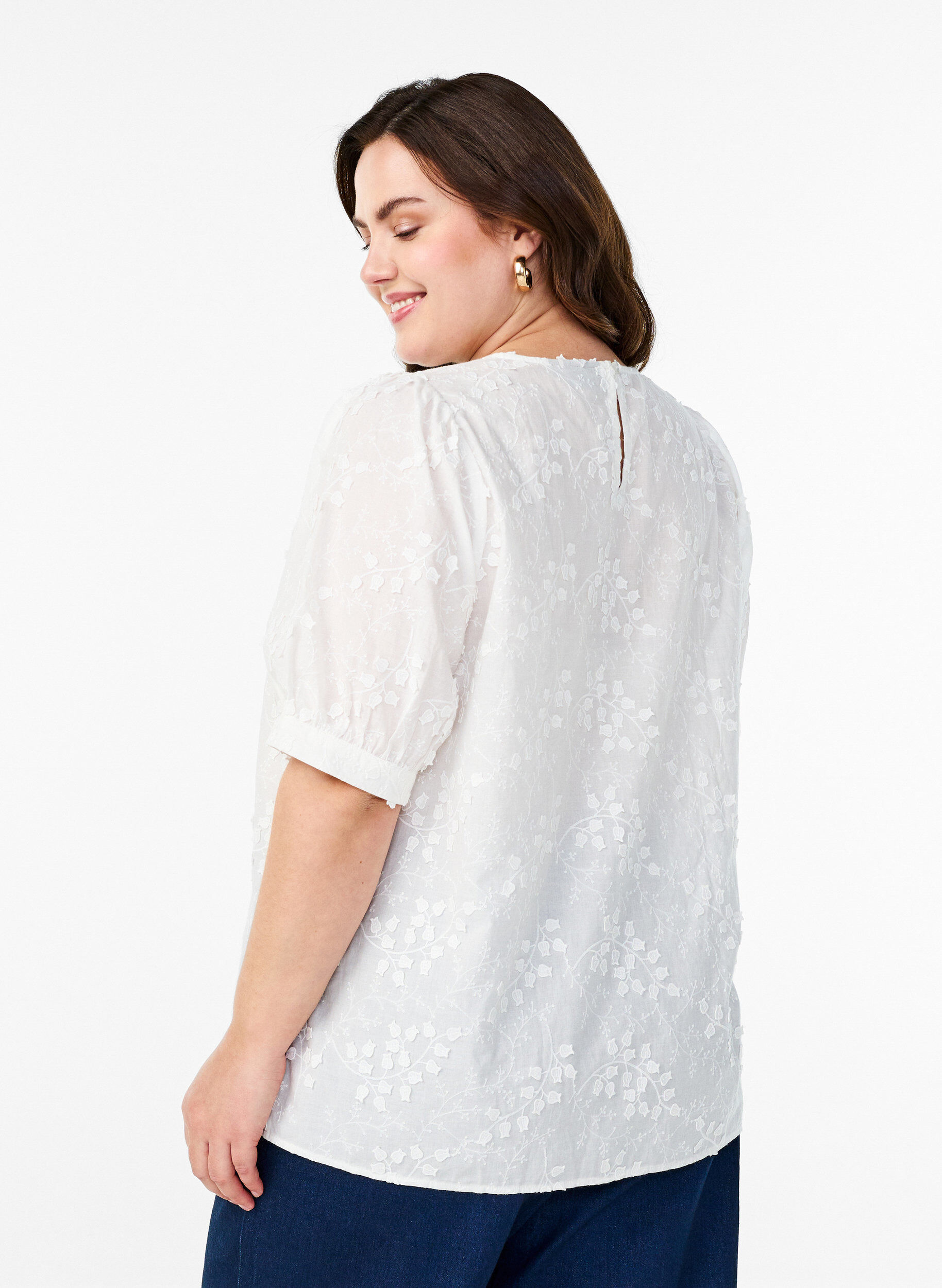 Zizzifashion Short-sleeved blouse with embroidery and a round neck, White, Model image number 2