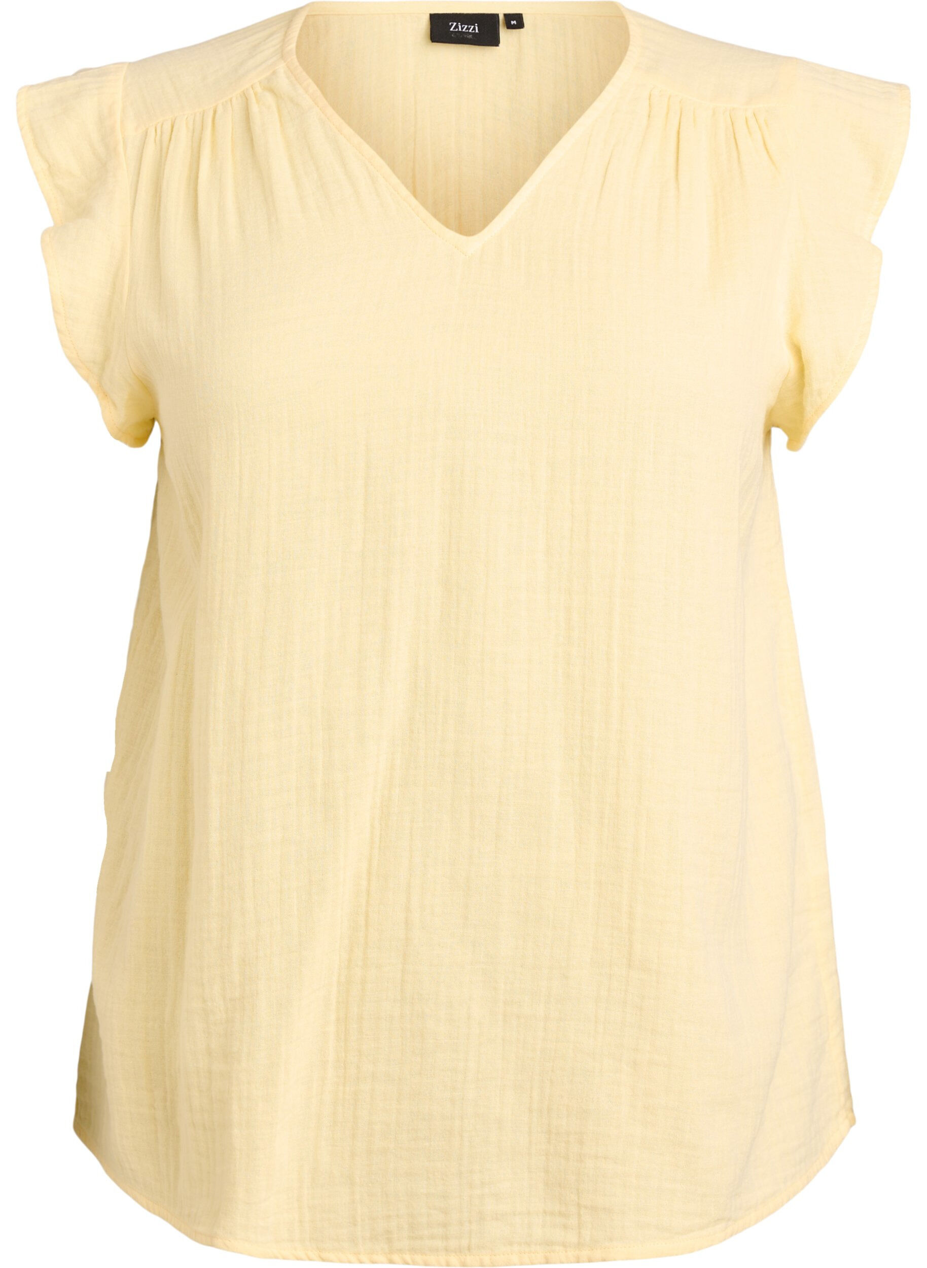 Zizzifashion Sleeveless top in cotton muslin with ruffles, Yellow, Packshot image number 0