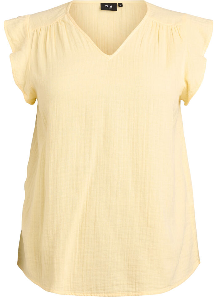 Sleeveless top in cotton muslin with ruffles, Yellow, Packshot image number 0