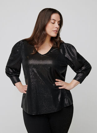 Sequined blouse with 3/4 length sleeves, Black, Model image number 0