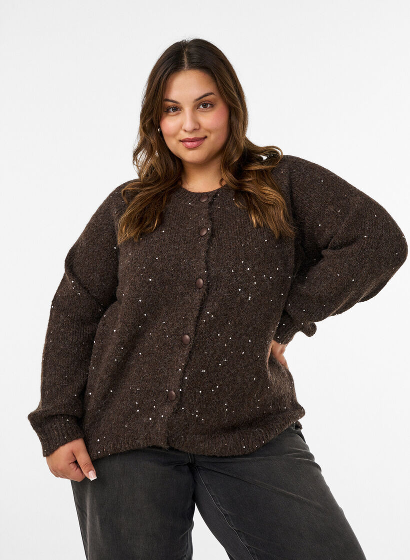 Cardigan with sequins and buttons, Brown, Model image number 0