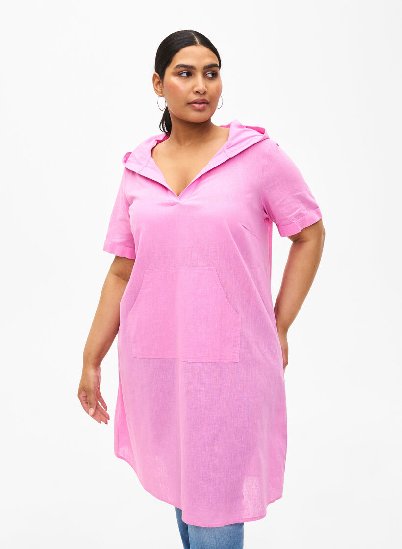 Cotton blend hooded dress with linen, Rosebloom, Model image number 0