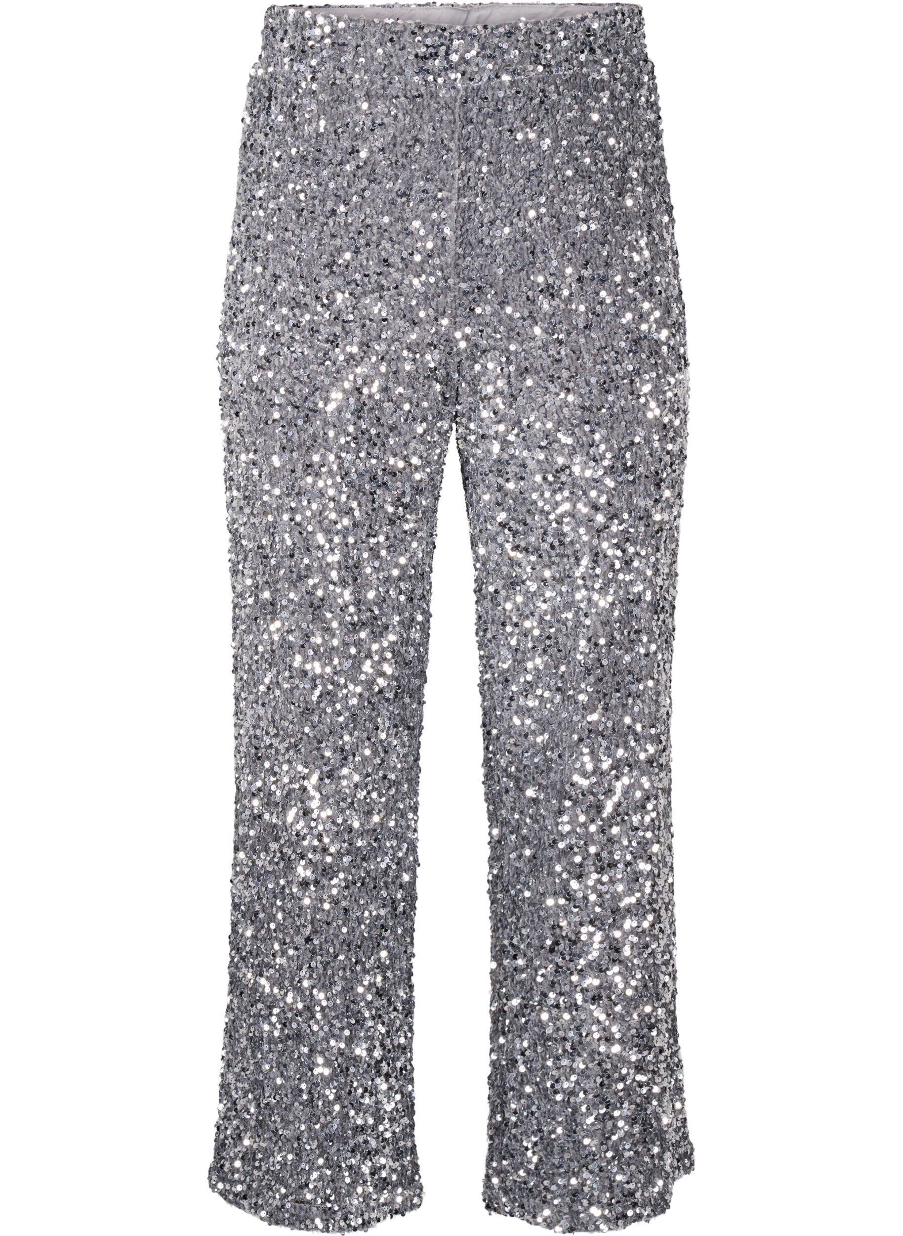 Zizzifashion Loose sequin trousers with high waist, Silver, Packshot image number 0