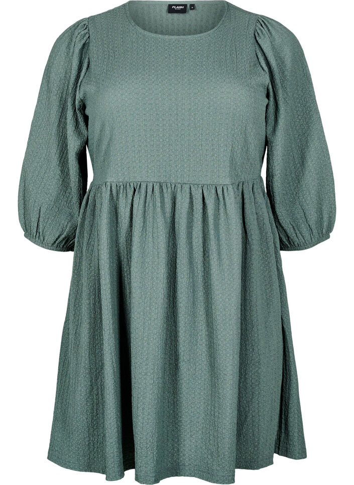 FLASH - Short dress with texture and 3/4 sleeves, Balsam Green, Packshot image number 0