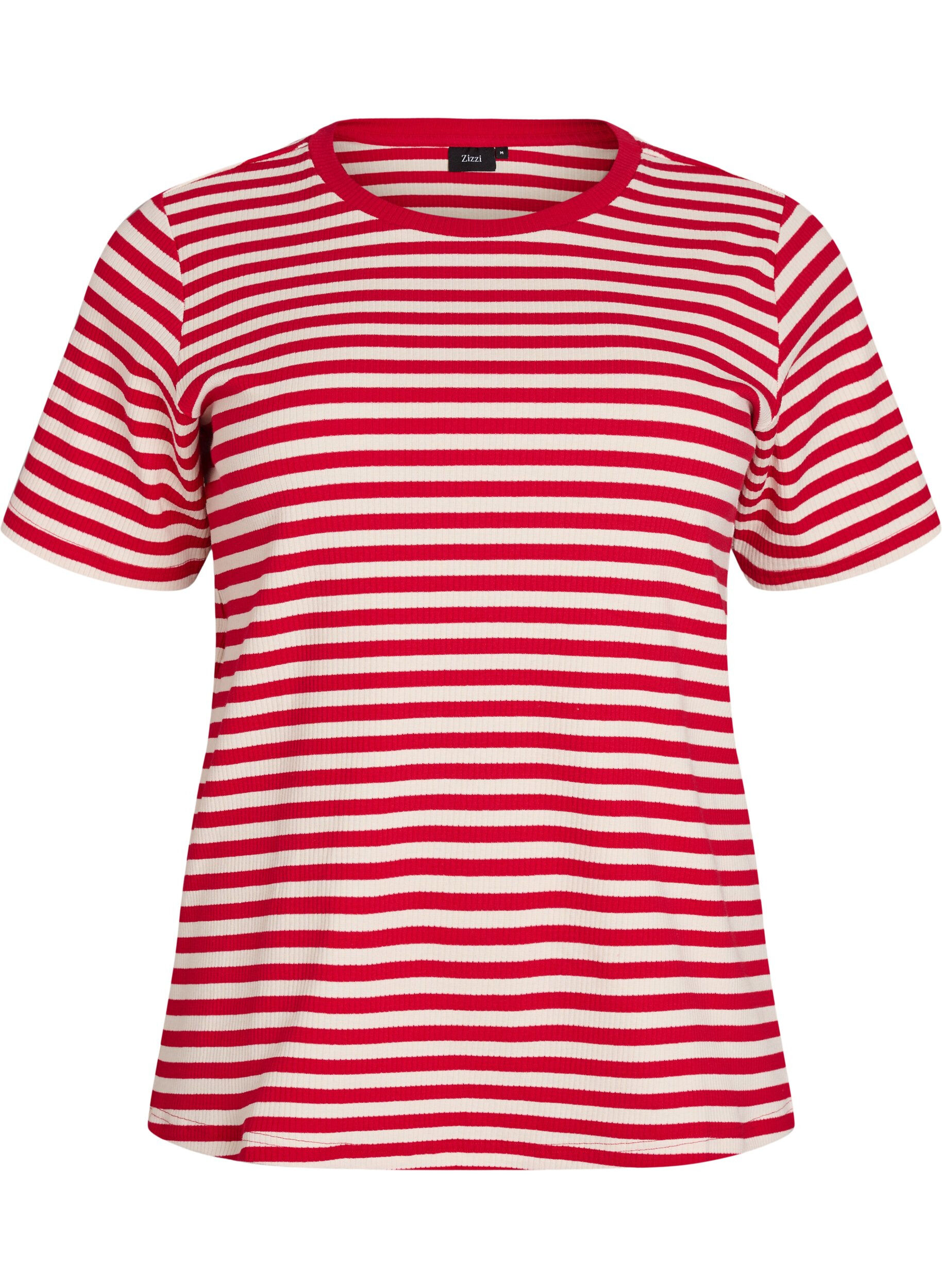 Zizzifashion Striped T-shirt with ribbed texture, Red, Packshot image number 0