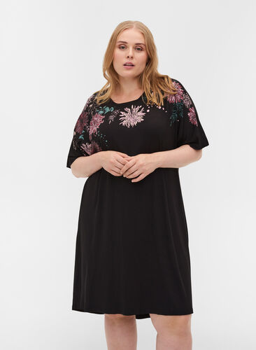Short sleeve viscose nightgown with floral print, Black Flower , Model image number 0