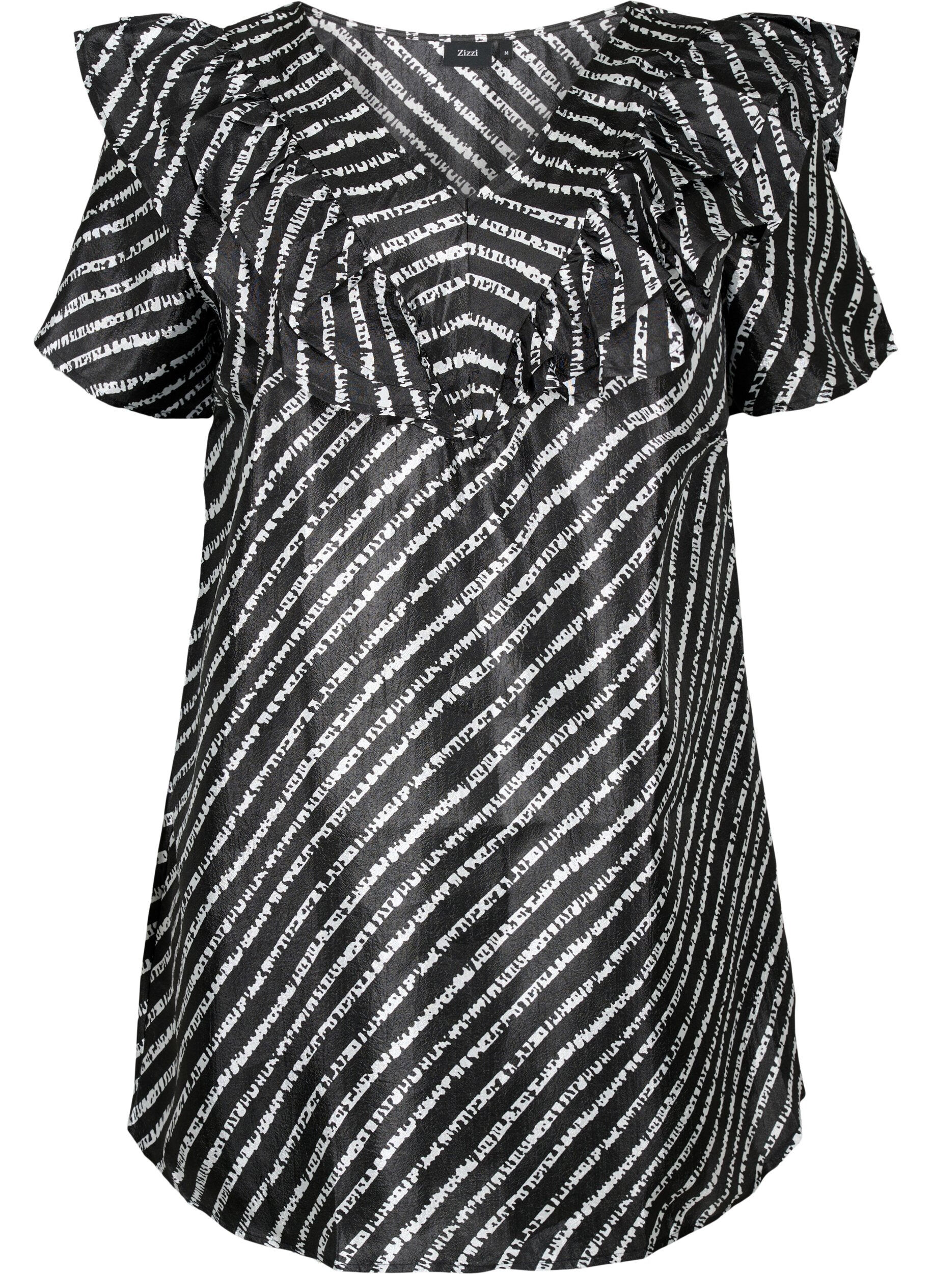 Zizzifashion Striped tunic with frills, Black/White Stripes, Packshot image number 0