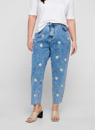 Mille mom fit jeans with flowers, Blue denim w. flower, Model image number 1