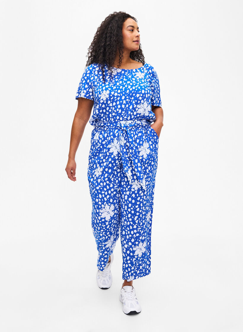 FLASH - Short sleeve viscose blouse with print, Blue, Model image number 1