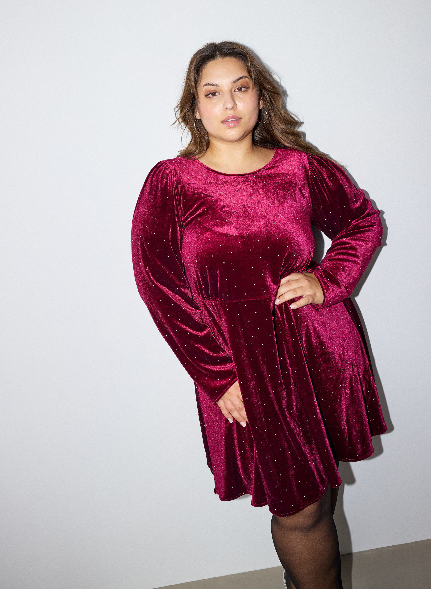 ZizzifashionVelvet dress with rhinestones and A-line shape, Red, Model image number 0