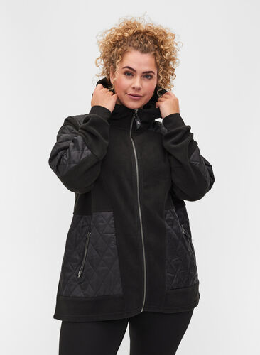 Sporty hooded fleece jacket with pockets, Black, Model image number 0