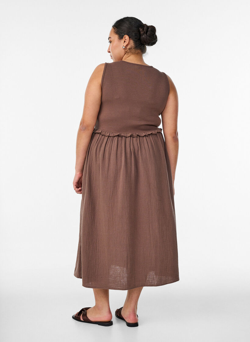 Sleeveless cotton midi dress with rib and muslin, Brown, Model image number 1