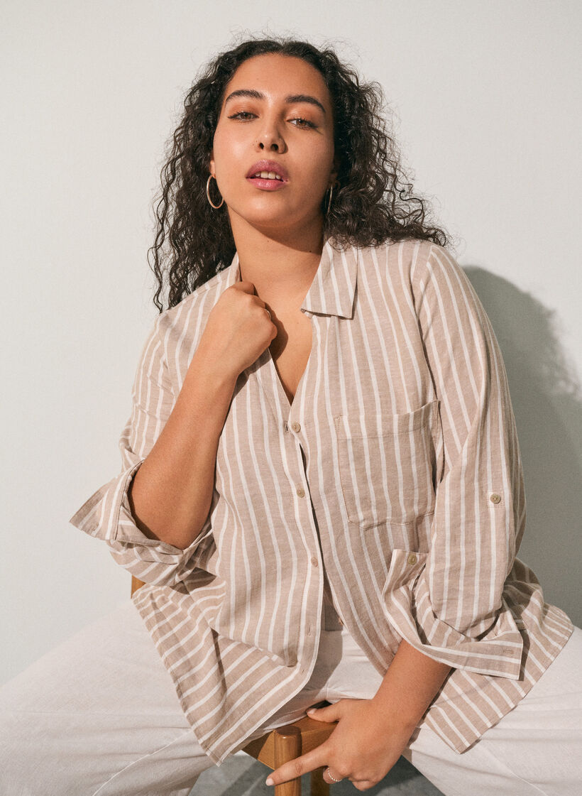 Shirt in linen and viscose with 3/4 sleeves, Beige, Image image number 0