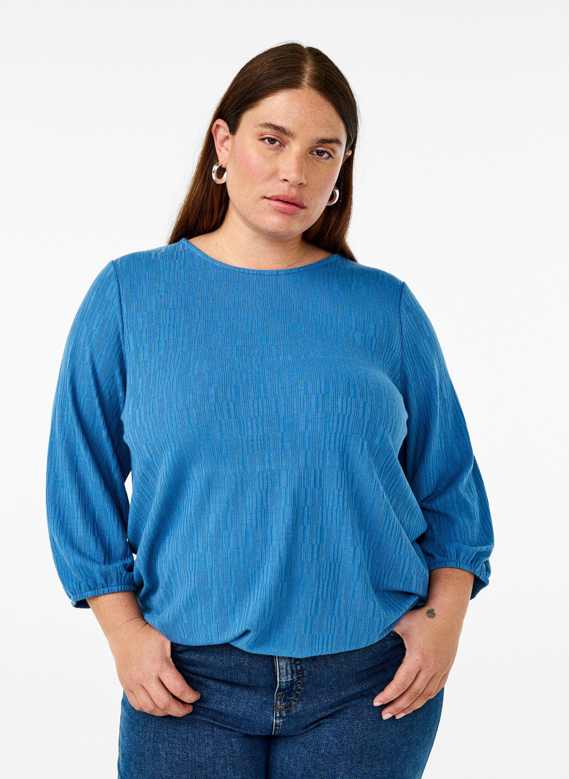 ZizzifashionBlouse with texture and 3/4 sleeves, Blue, Model image number 0