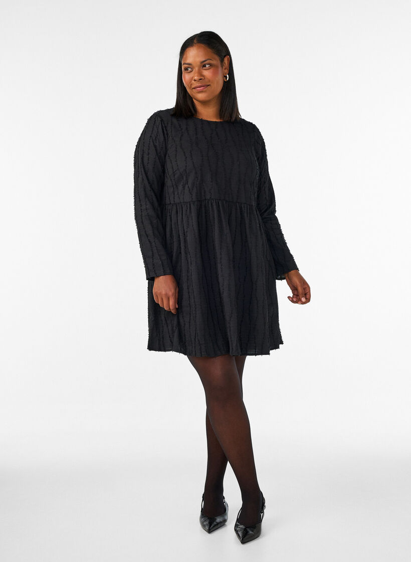 Short jersey dress with a wavy textured pattern, Black, Model image number 1