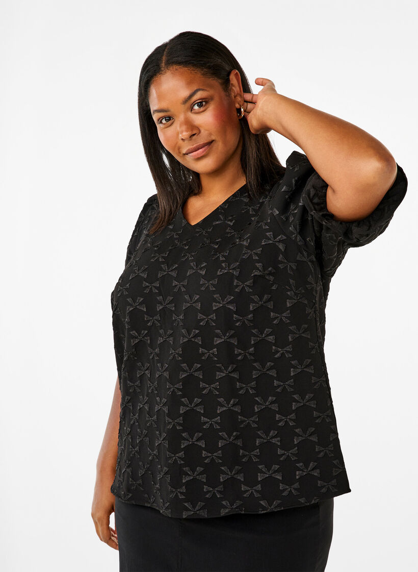 Short-sleeved jacquard blouse with bows, Black W. Bow, Model image number 0