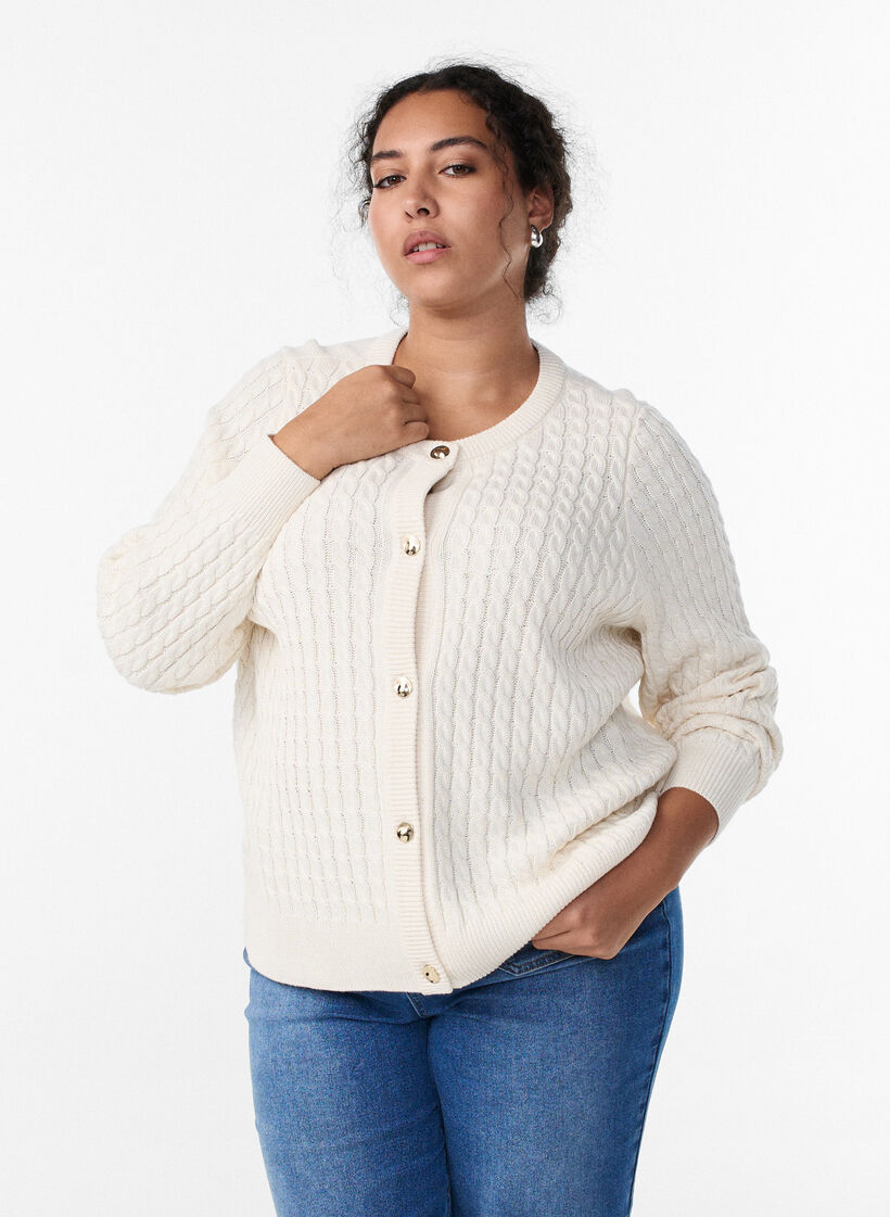 Cable knit cardigan with golden buttons, Vanilla, Model image number 0