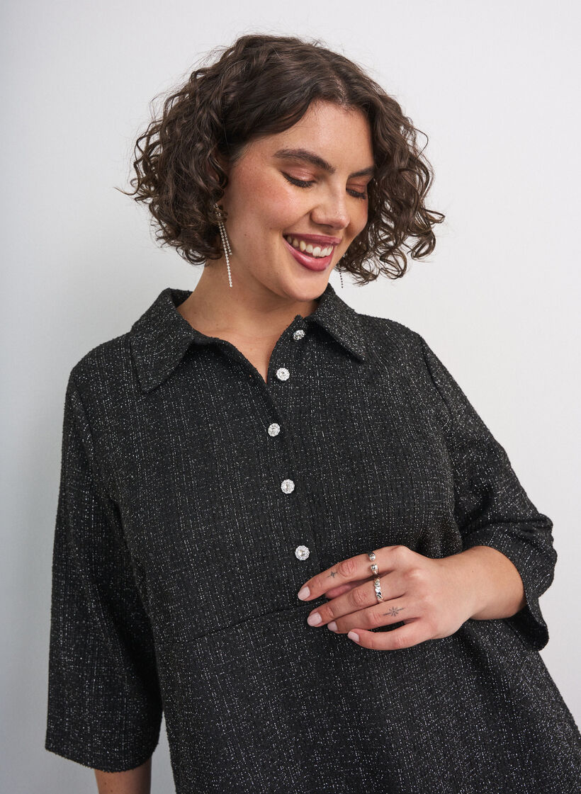 Short boucl&eacute; dress with decorative buttons, Black, Model image number 3