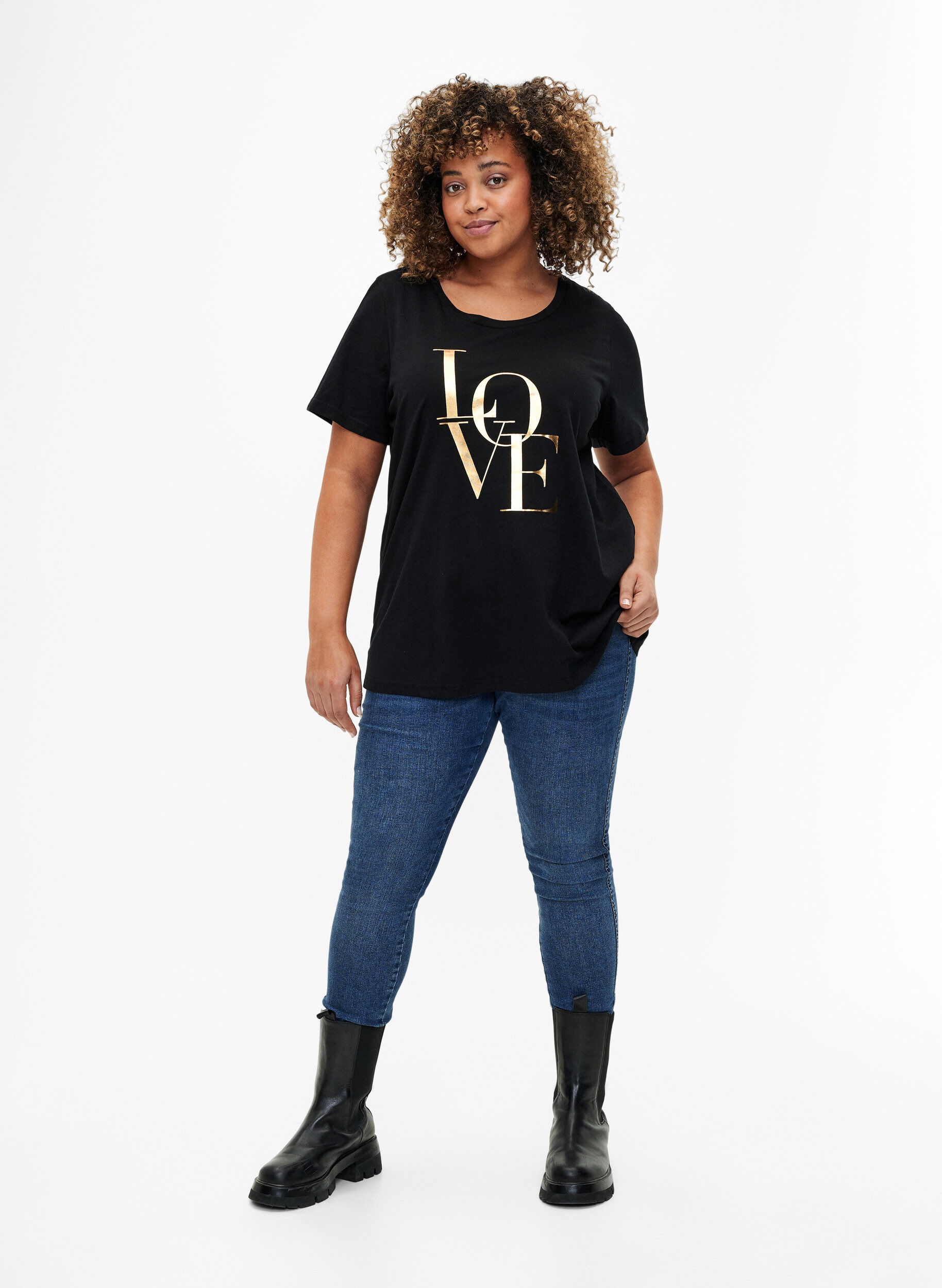 Zizzifashion Cotton T-shirt with gold-colored text, Black w. Gold Love, Model image number 2
