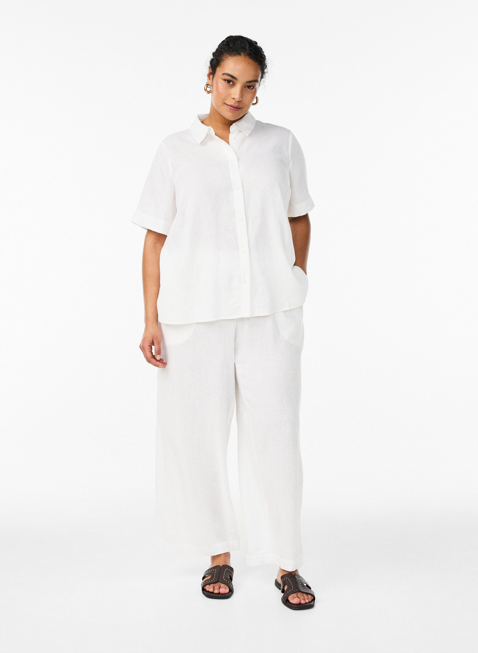 Wide-leg linen and viscose trousers, White, Model