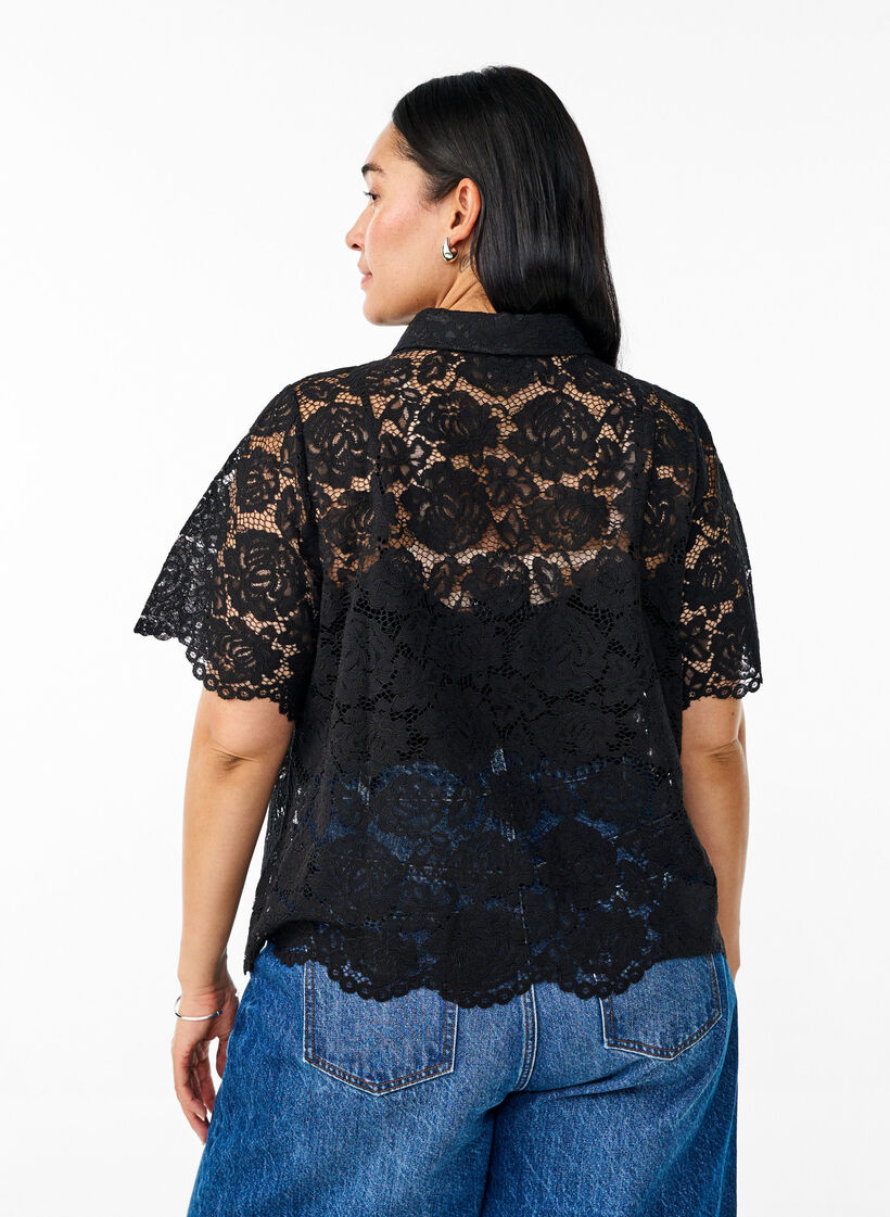 Lace shirt blouse with pearl buttons, Black, Model image number 2