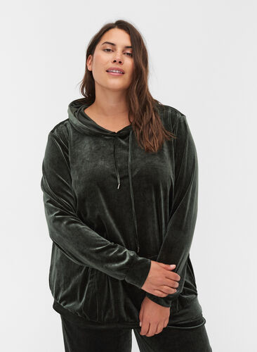 Hooded velour sweatshirt with pocket, Forest Night, Model image number 0