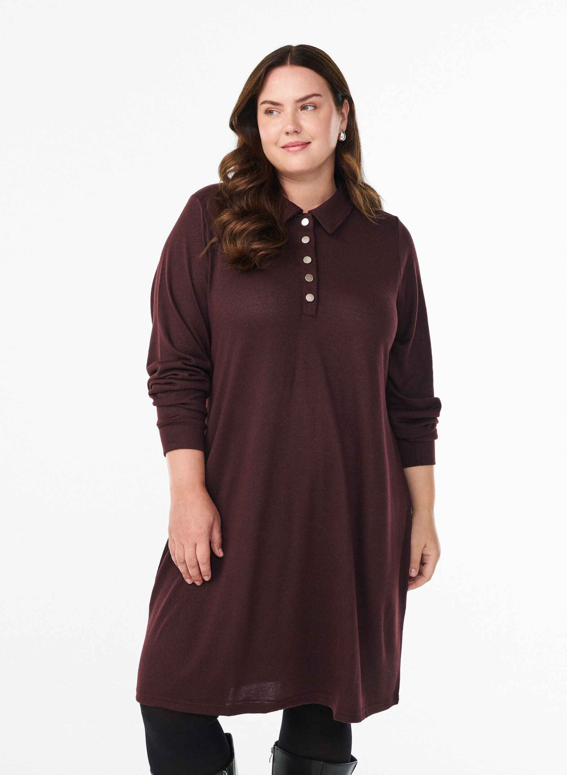 Short polo dress with buttons and long sleeves, Dark Bordeaux, Model