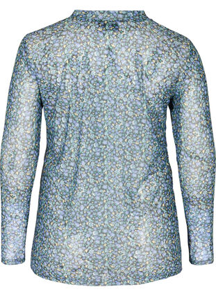 Mesh blouse with floral print, Black AOP, Packshot image number 1