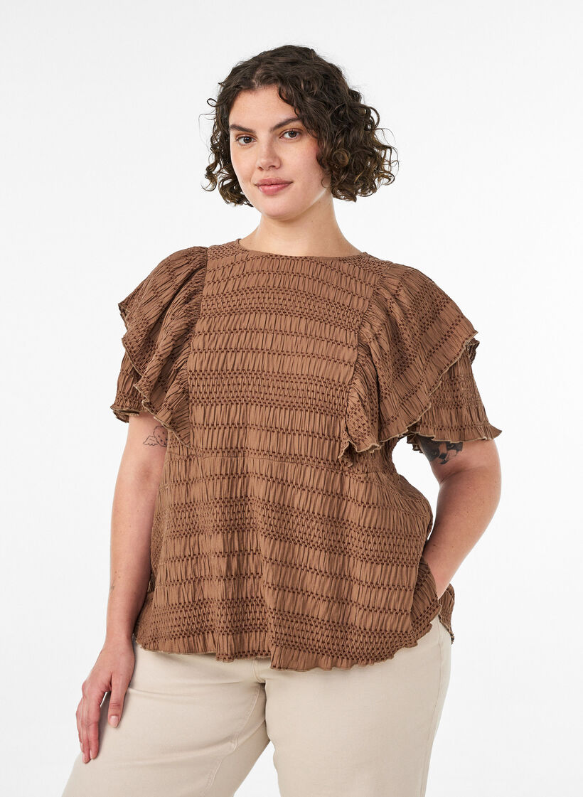 Blouse with smocked texture and ruffle sleeves, Brown, Model image number 0