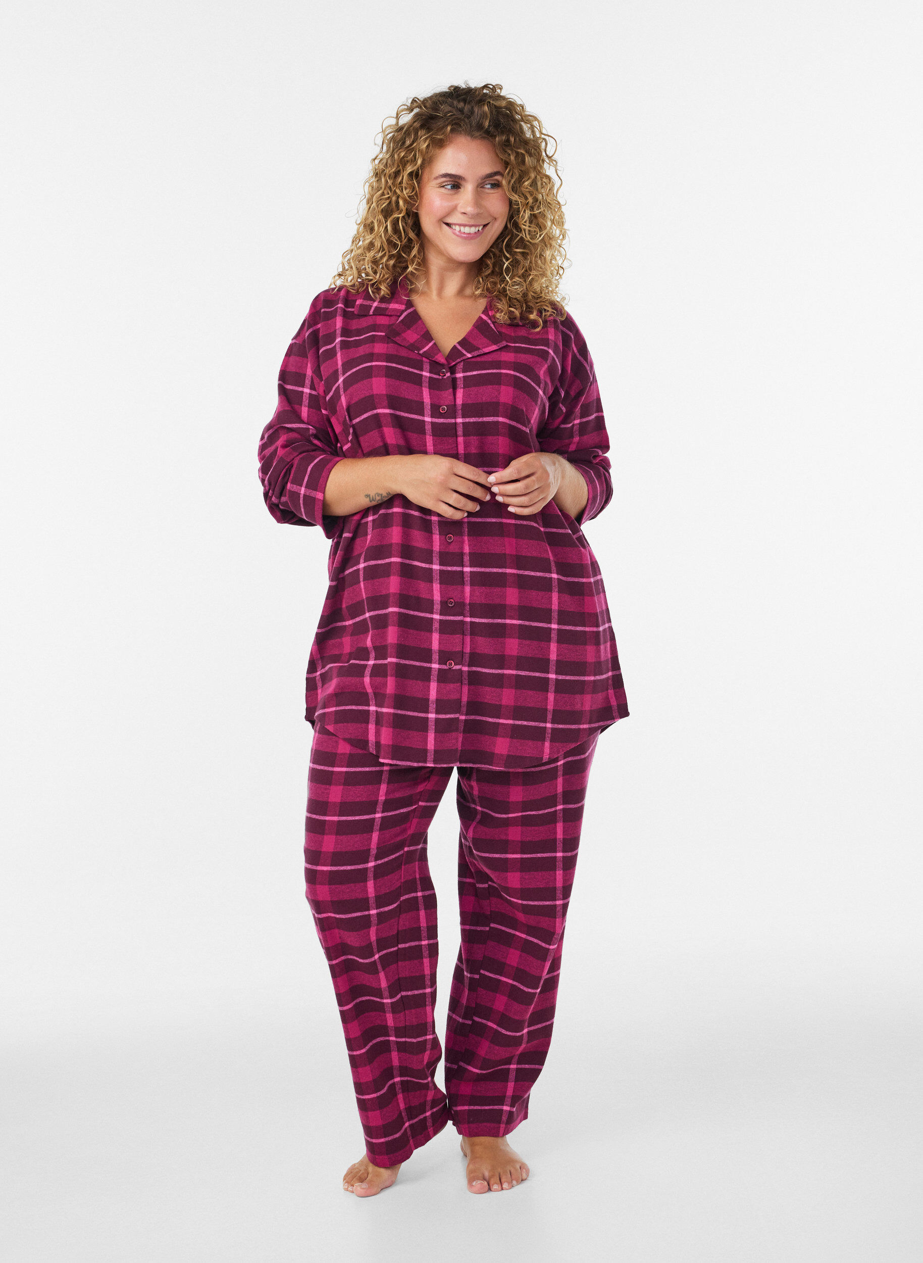 ZizzifashionChecked cotton pyjama shirt with long sleeves, Red, Model image number 1