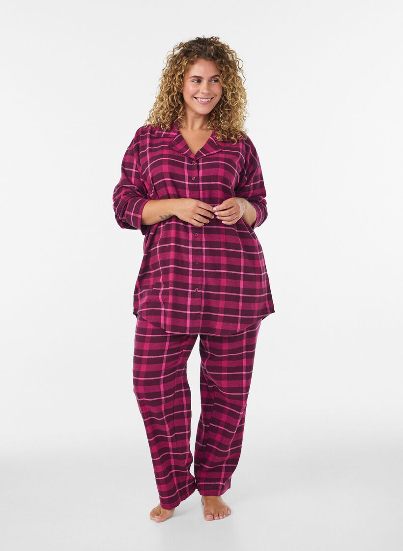 Checked cotton pyjama shirt with long sleeves, Red, Model image number 1