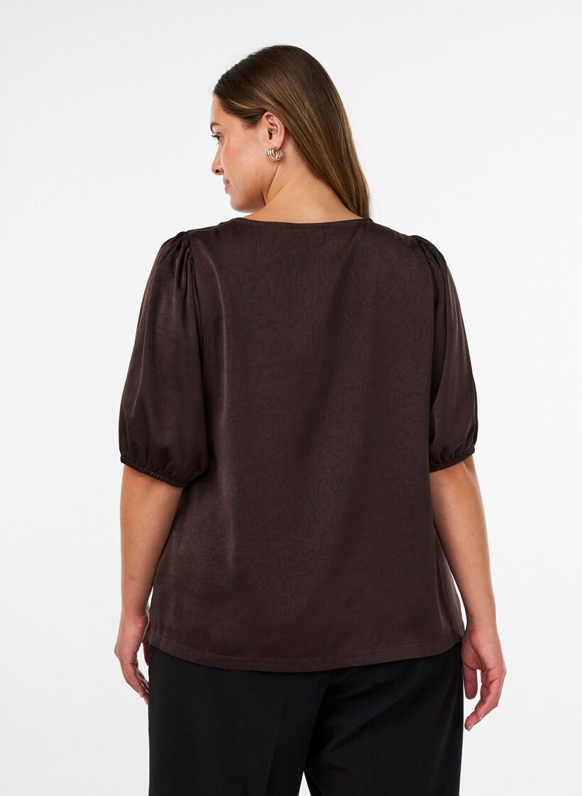 Satin blouse with bows and elbow-length sleeves, Brown, Model image number 2