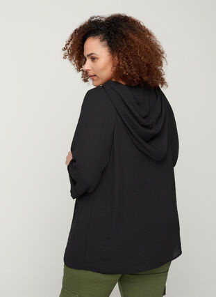 Hooded blouse with 3/4 length sleeves, Black, Model image number 1