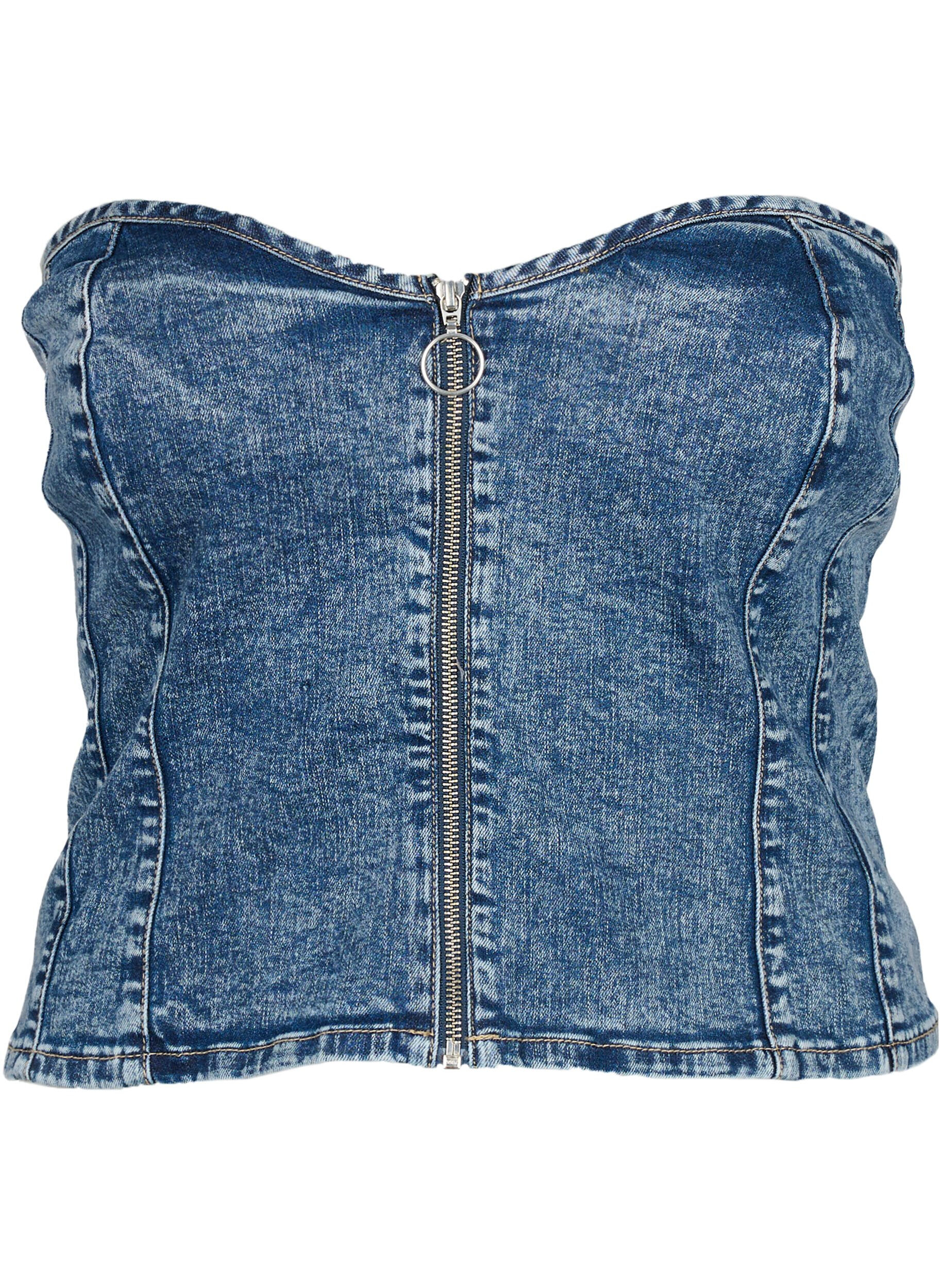 Zizzifashion Denim corset top with zip, Blue denim, Packshot image number 0