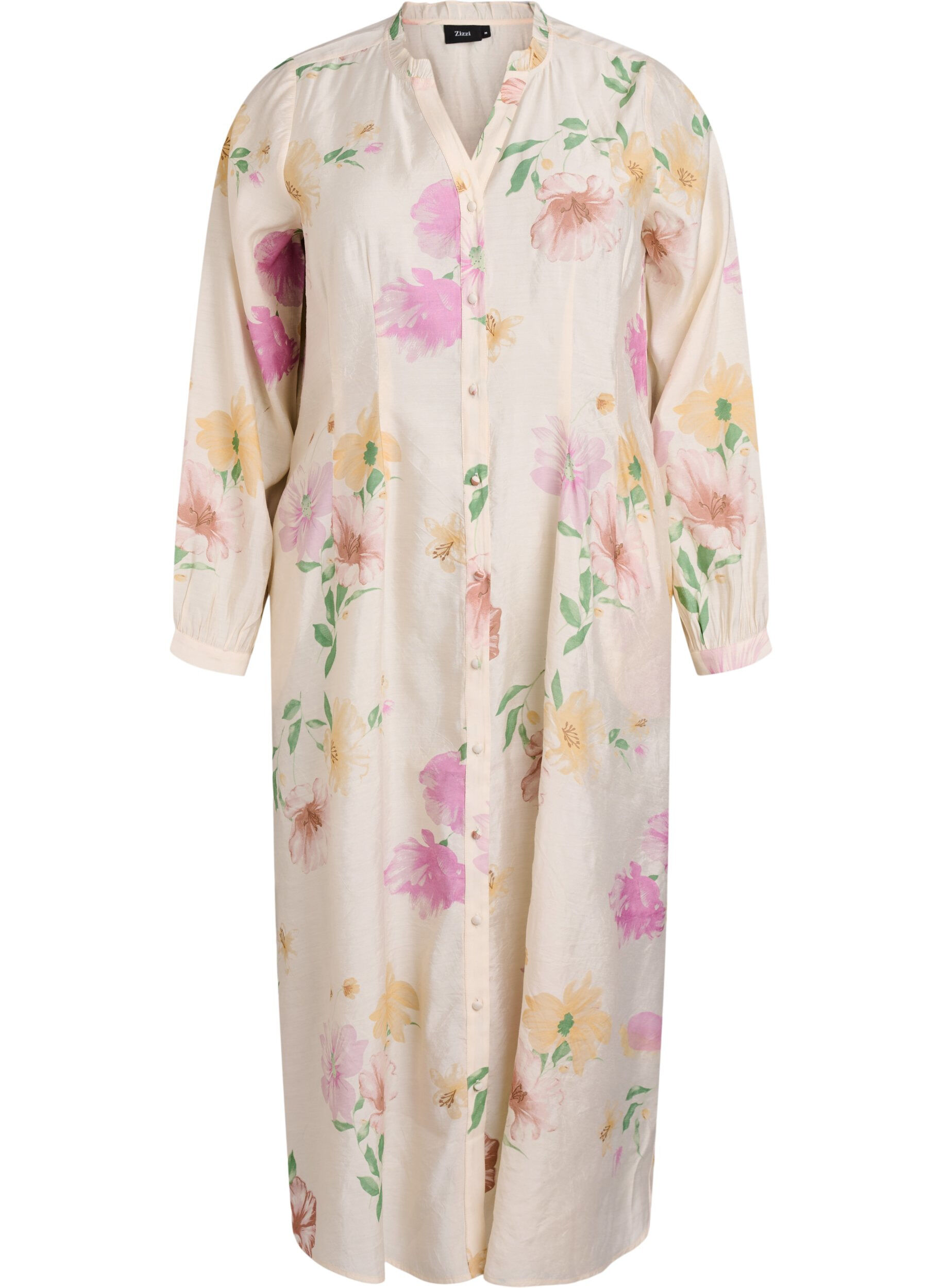 Zizzifashion Floral midi dress with ruffle collar and button fastening, Beige, Packshot image number 0