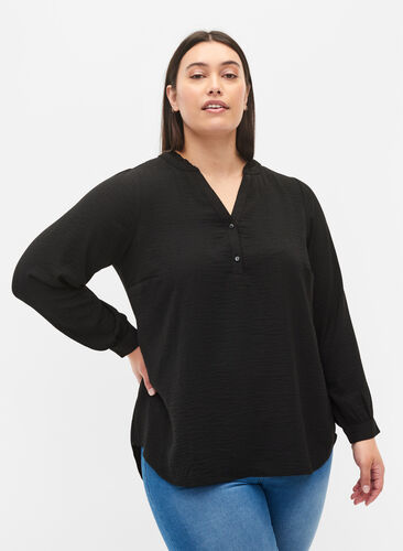 Long-sleeved blouse with v-neck, Black, Model image number 0