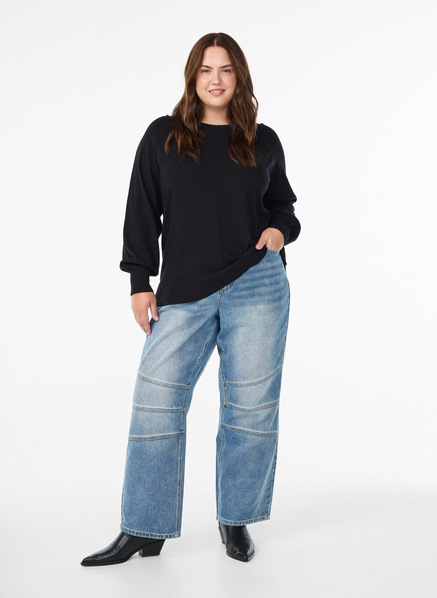 Zizzifashion Knit blouse with centre seam and raglan sleeves, Black, Model image number 1