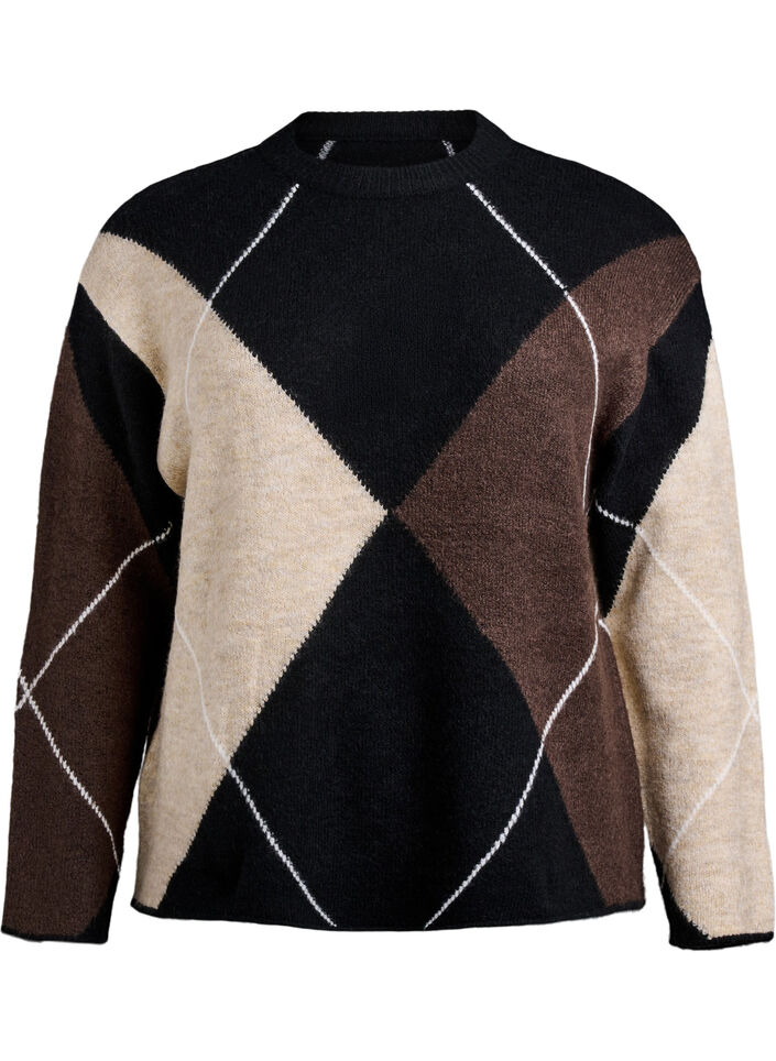 Jumper with large checks and contrast sleeves, Black, Packshot