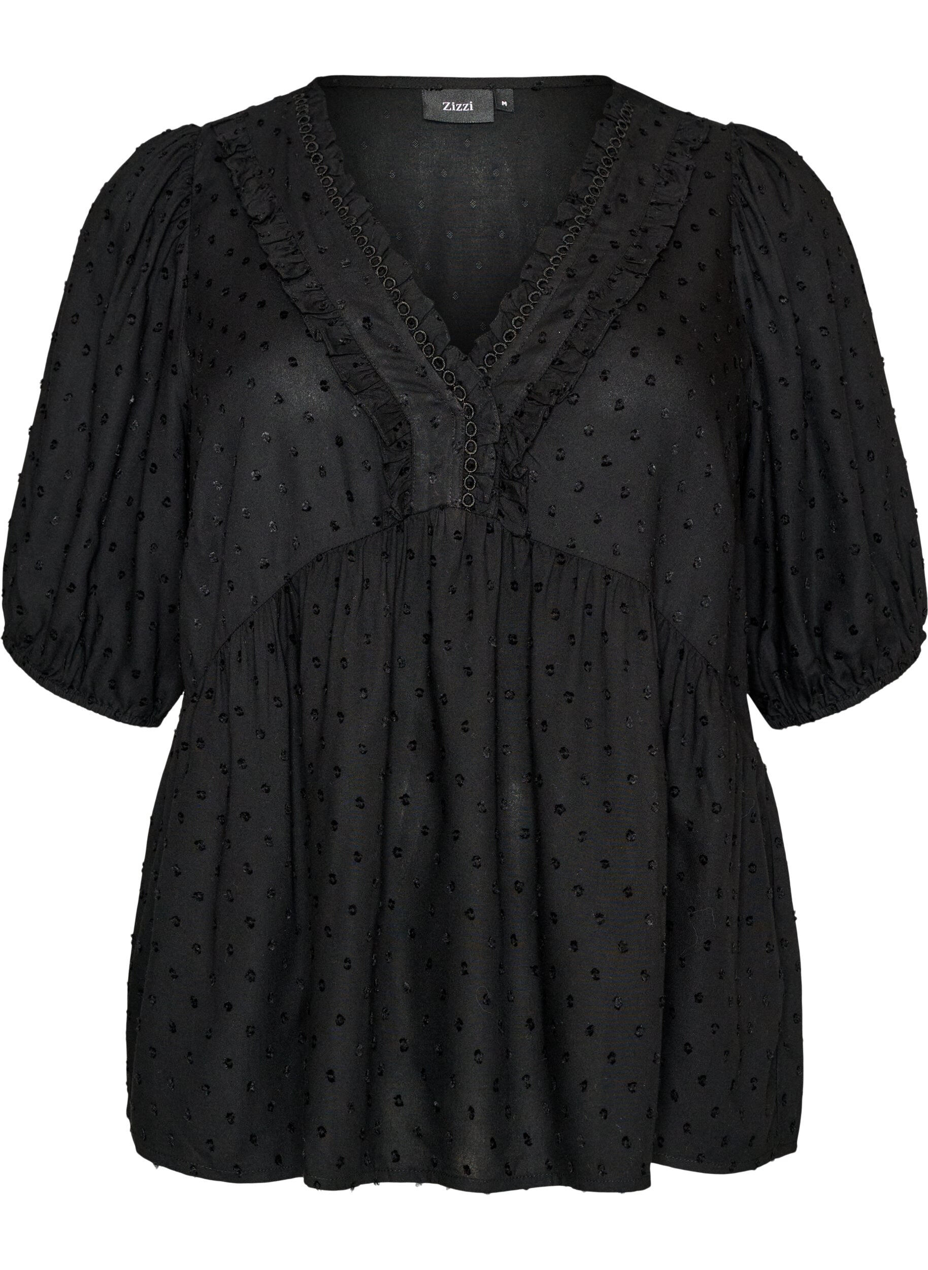 Zizzifashion Viscose blouse with a dotted texture and V-neck, Black, Packshot image number 0