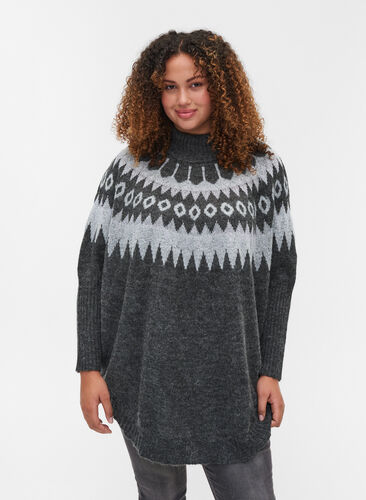 Patterned, wool knitted blouse with a high collar, Dark Grey Melange, Model image number 0