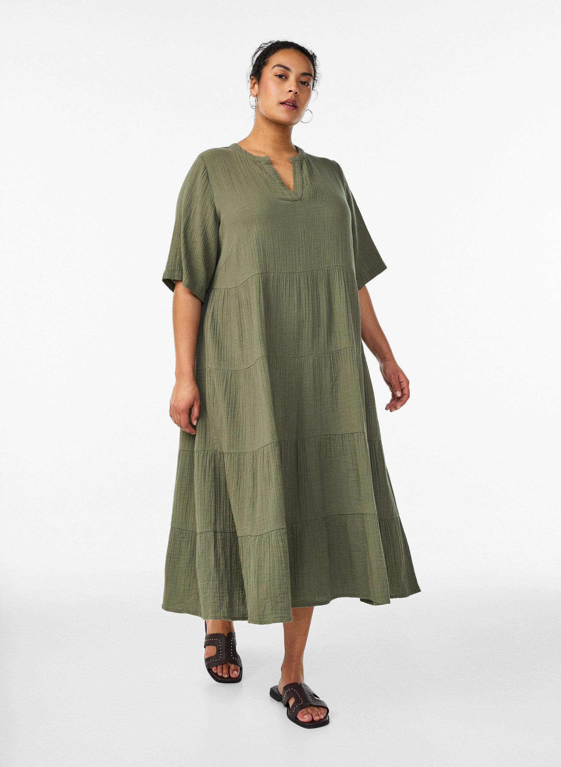 ZizzifashionA-line midi dress in cotton muslin, Green, Model image number 0
