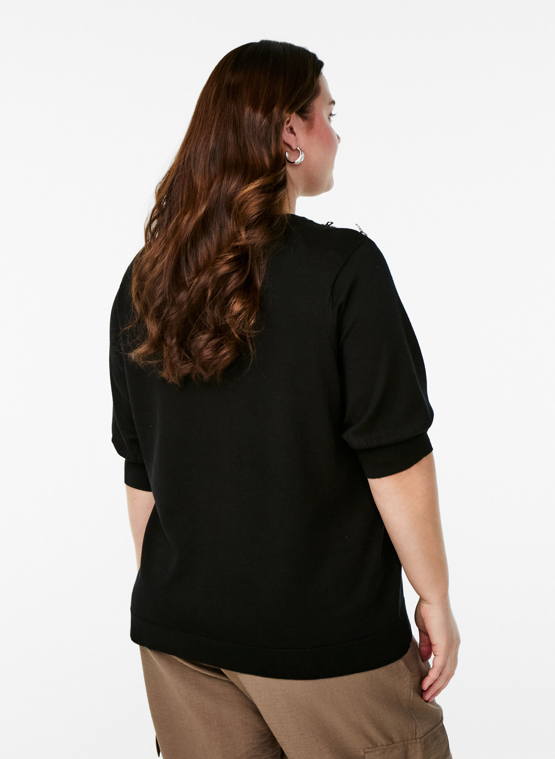 Zizzifashion Knitted blouse with short sleeves and small bows, Black, Model image number 2
