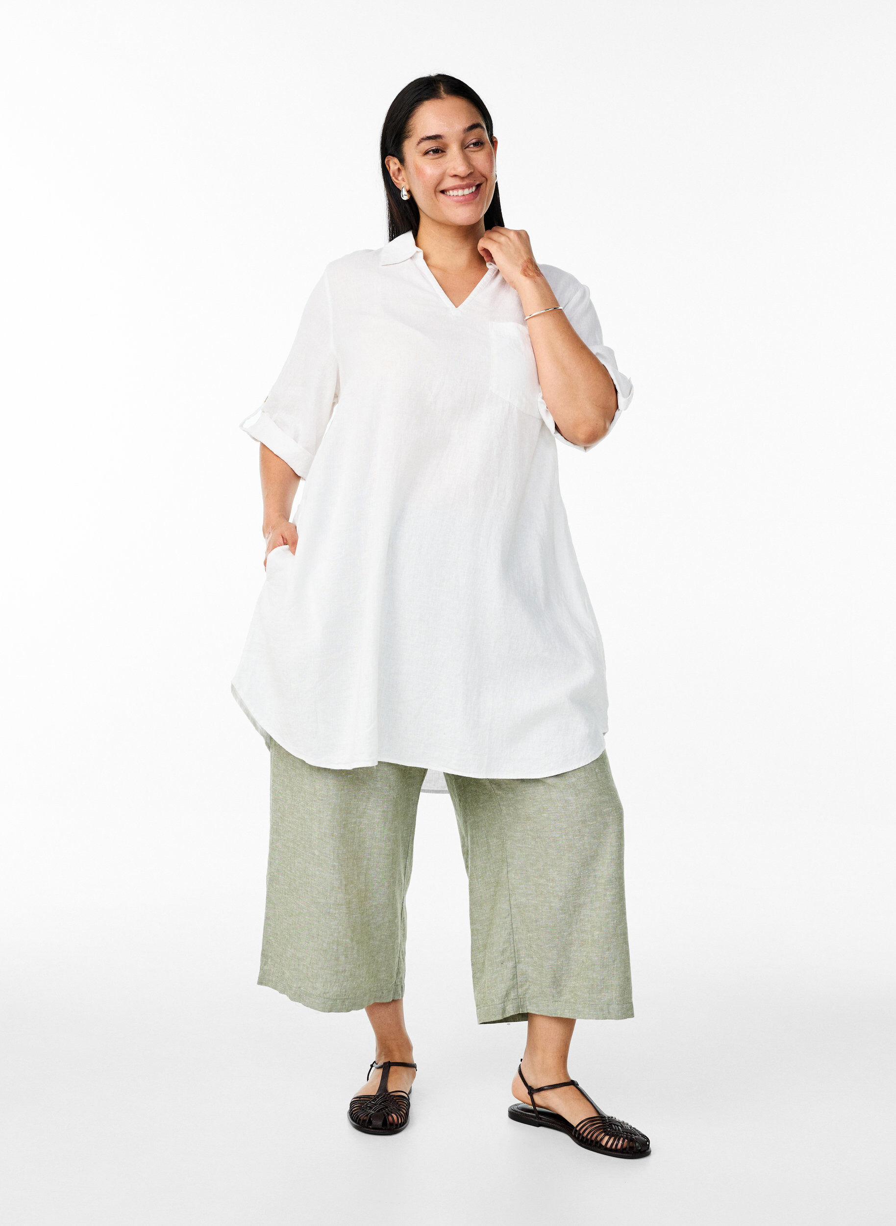 Zizzifashion Cropped trousers in linen and viscose, Green, Model image number 0