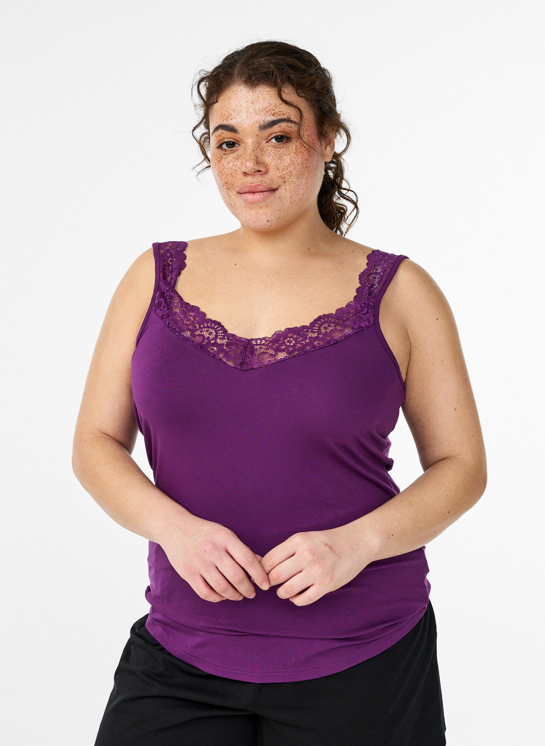 ZizzifashionViscose top with lace edge, Purple, Model image number 0