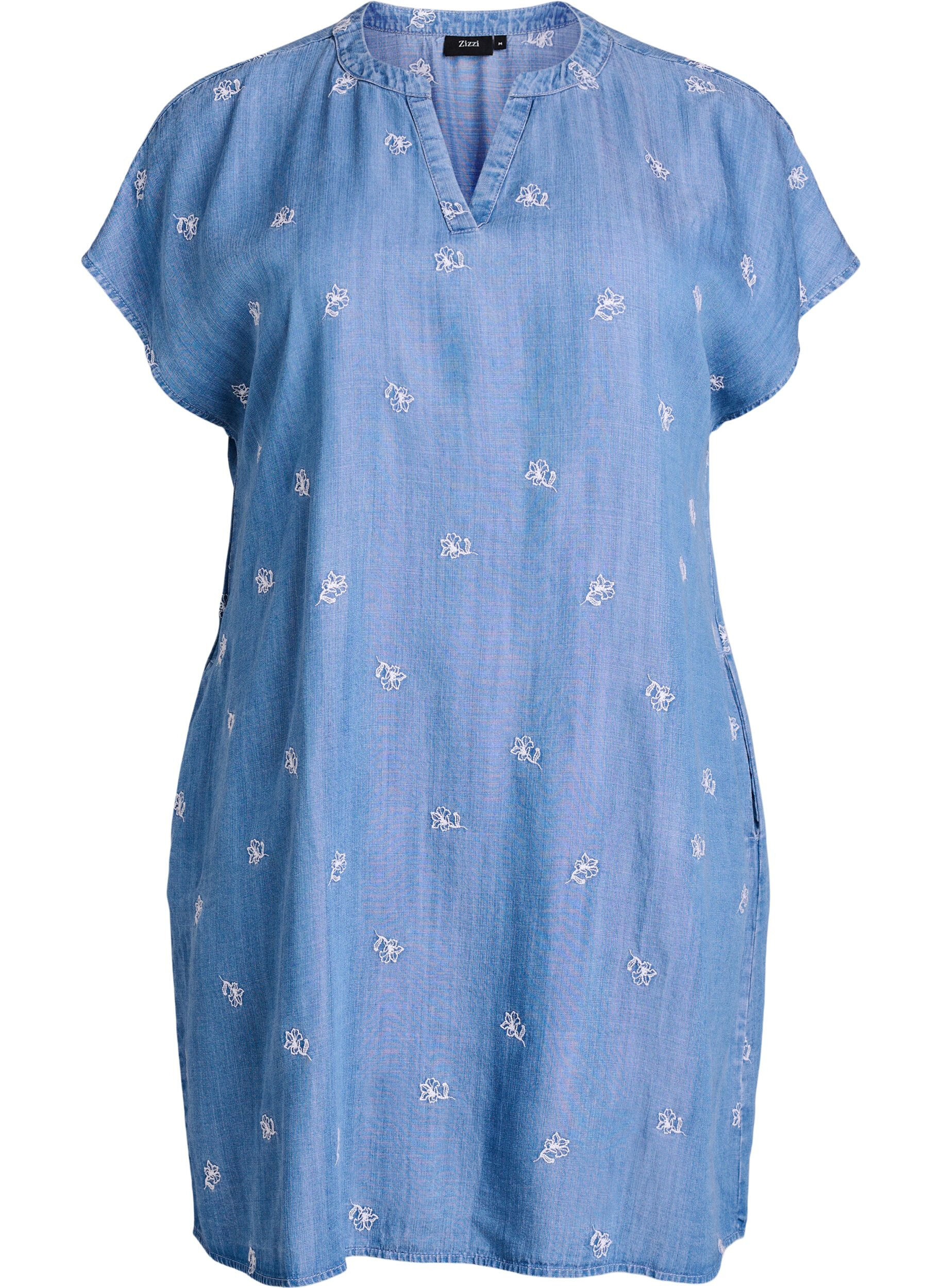 Zizzifashion Lyocell dress with a denim look and embroidered flowers, Light Blue, Packshot image number 0