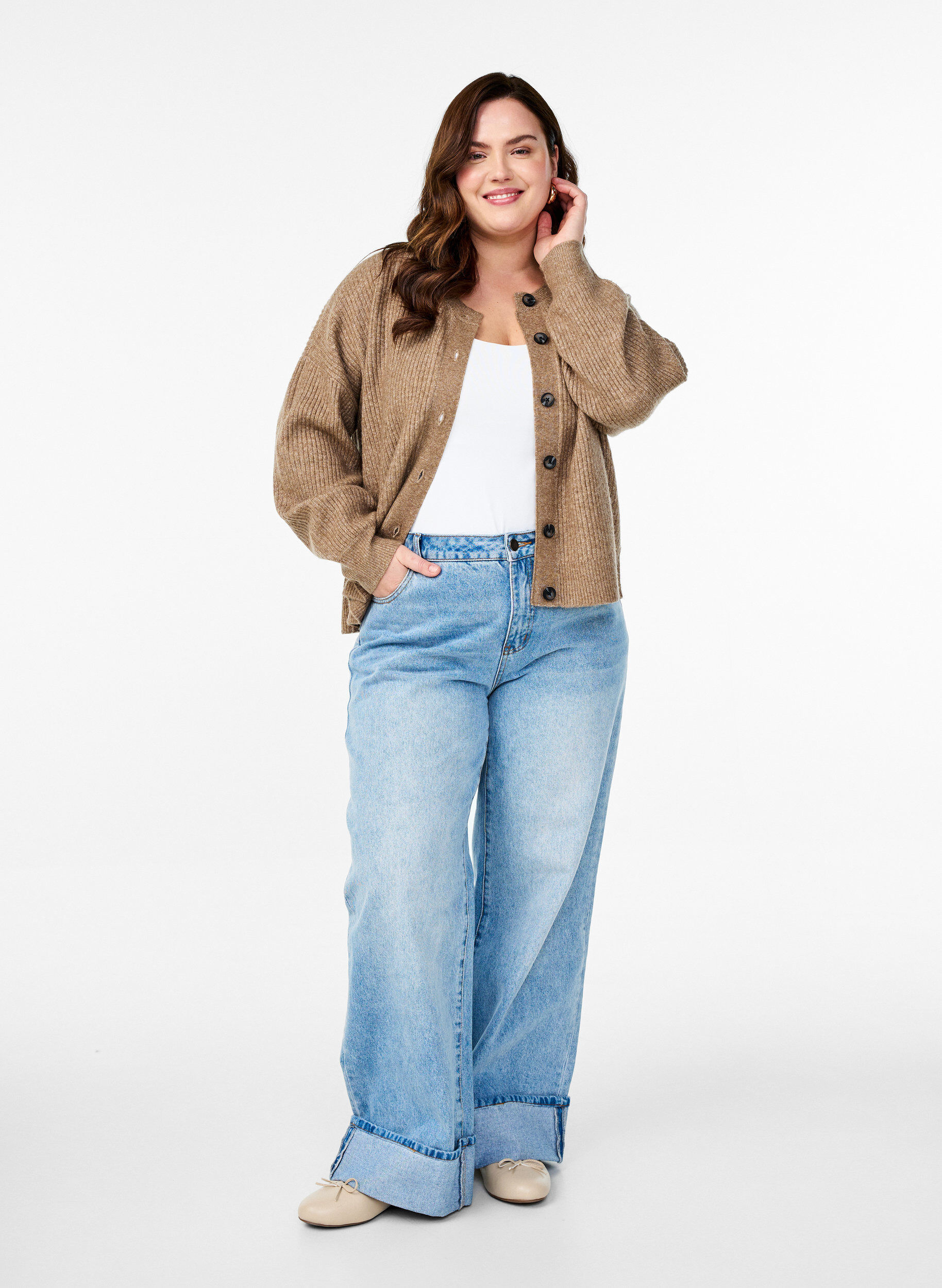 Zizzifashion Rib knit cardigan with buttons, Brown, Model image number 1