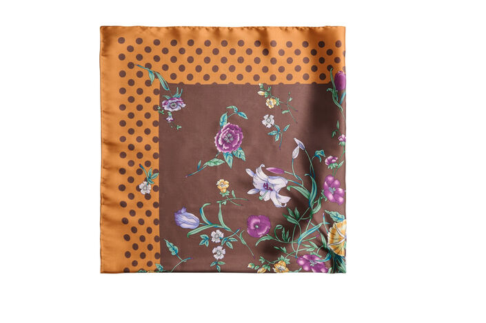 Square scarf in a satin-look with a patterned design, Brown, Packshot