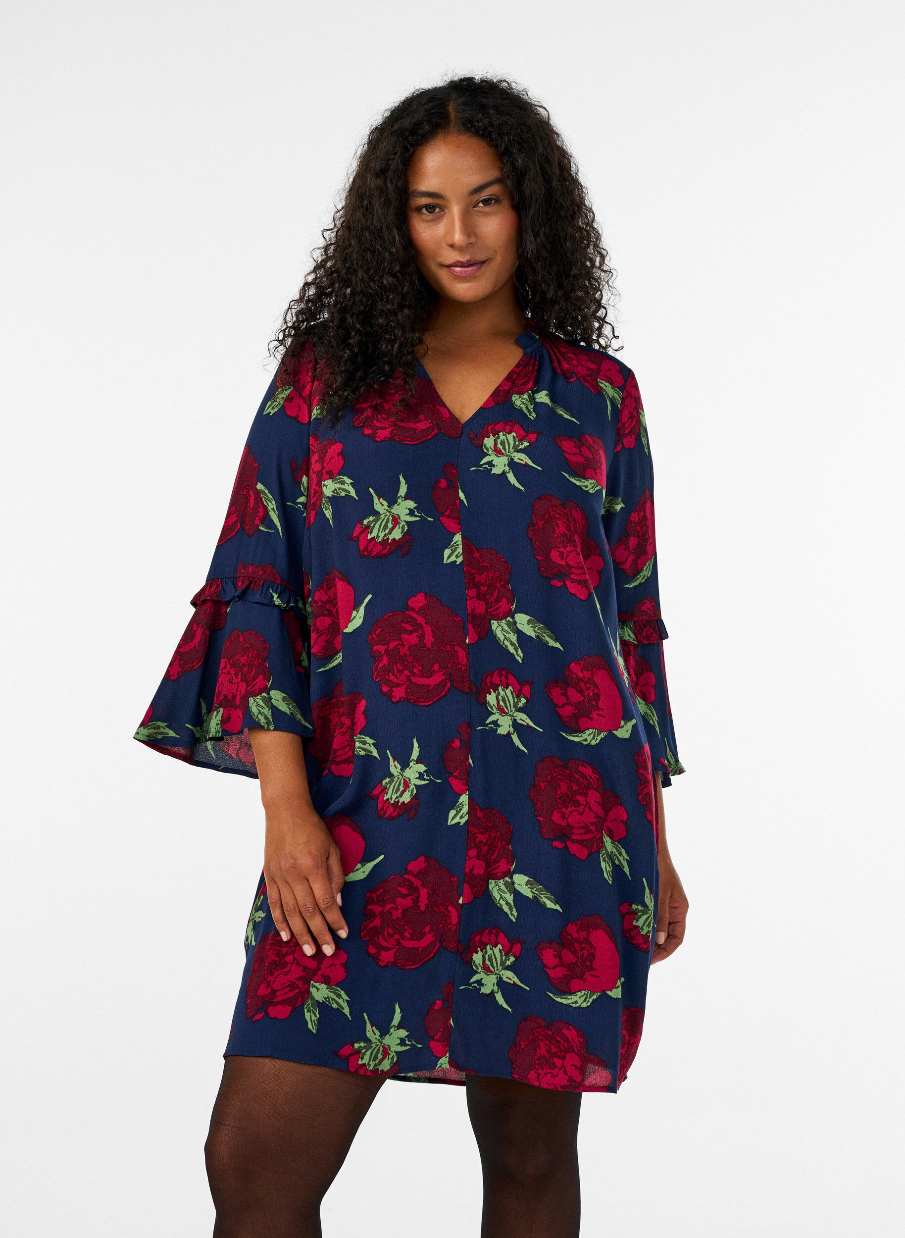 ZizzifashionFloral dress in viscose with ruffles, Blue, Model image number 0